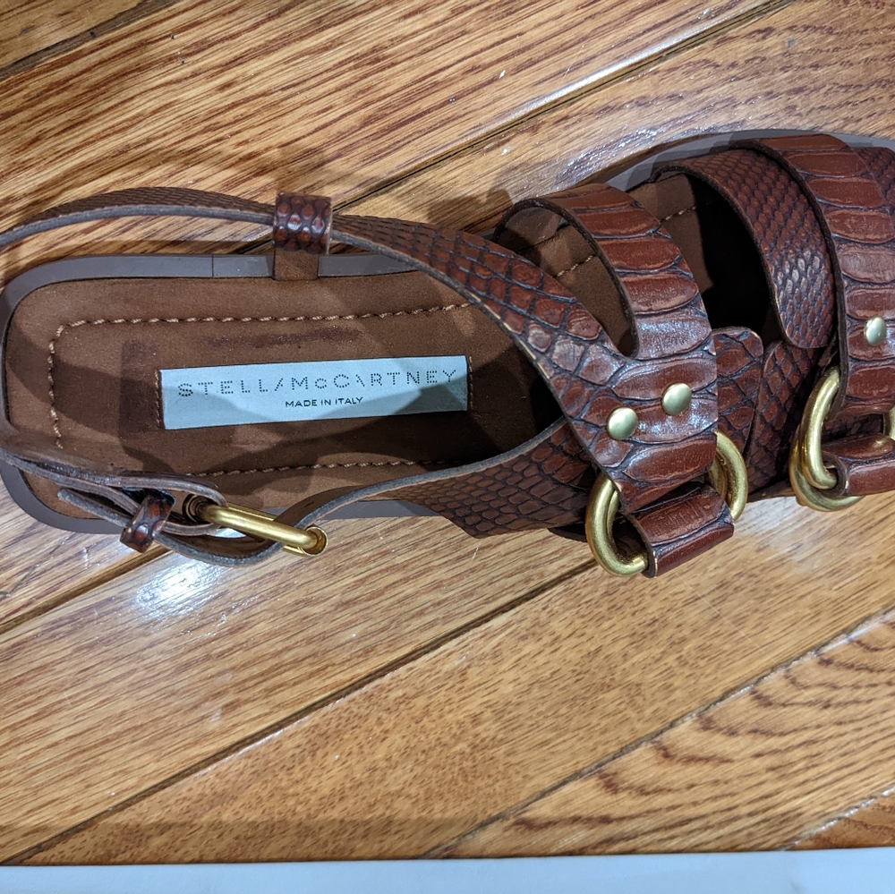 Stella McCartney Faux Croc Buckle Flat Sandals Brown 7.5